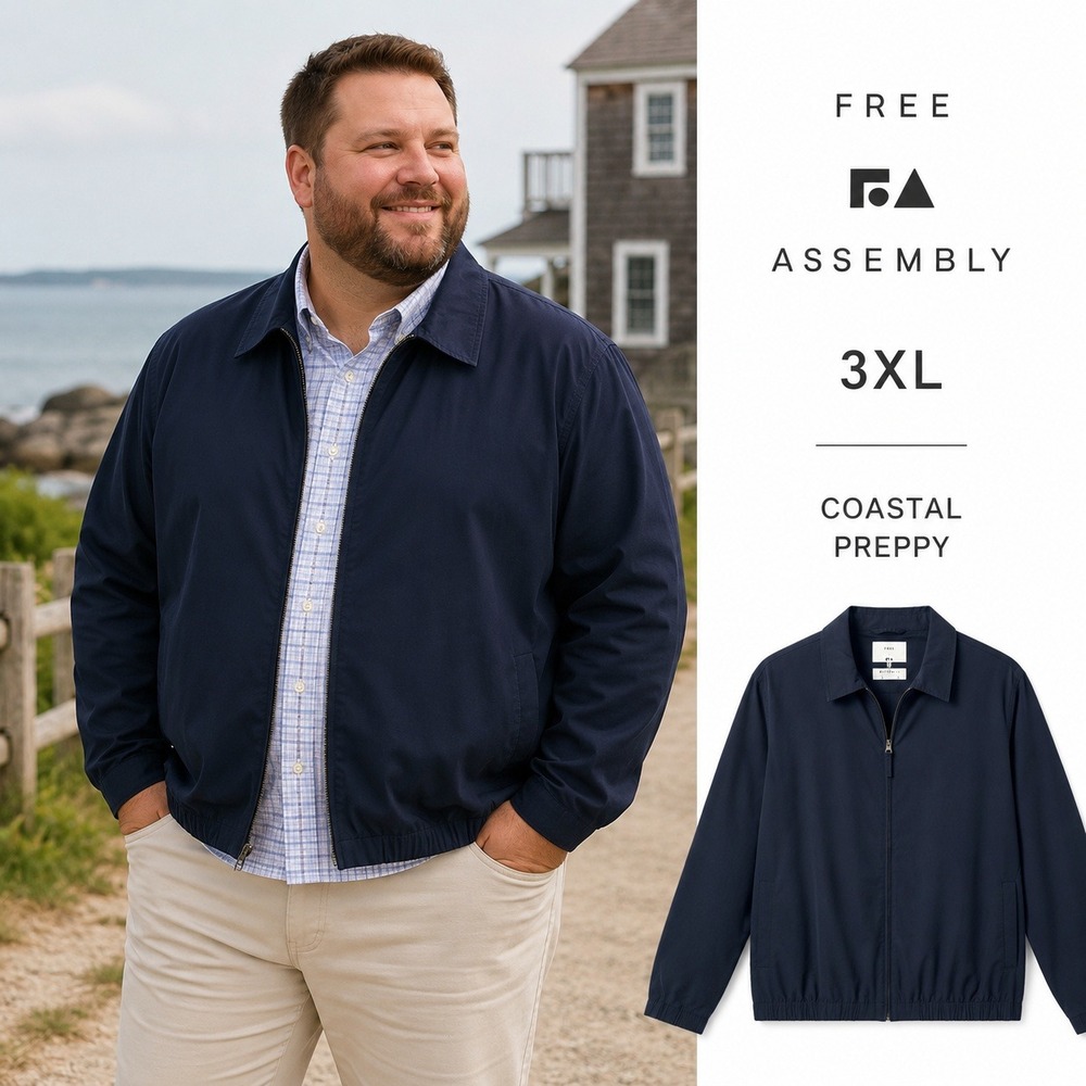 Free Assembly Coach Jacket Men 3XL Navy Blue Cotton Stretch Coastal Preppy